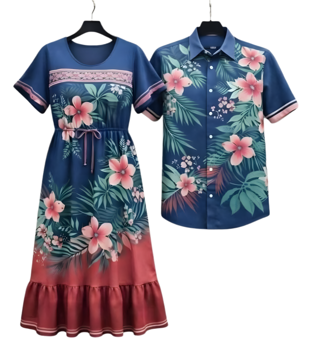 Custom Couple Matching Outfit Set – Premium Tropical Print Shirt & Dress Combo